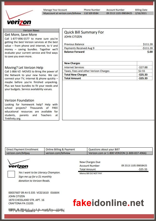 Verizon Utility Bill PSD Template - Verizon Proof of Address